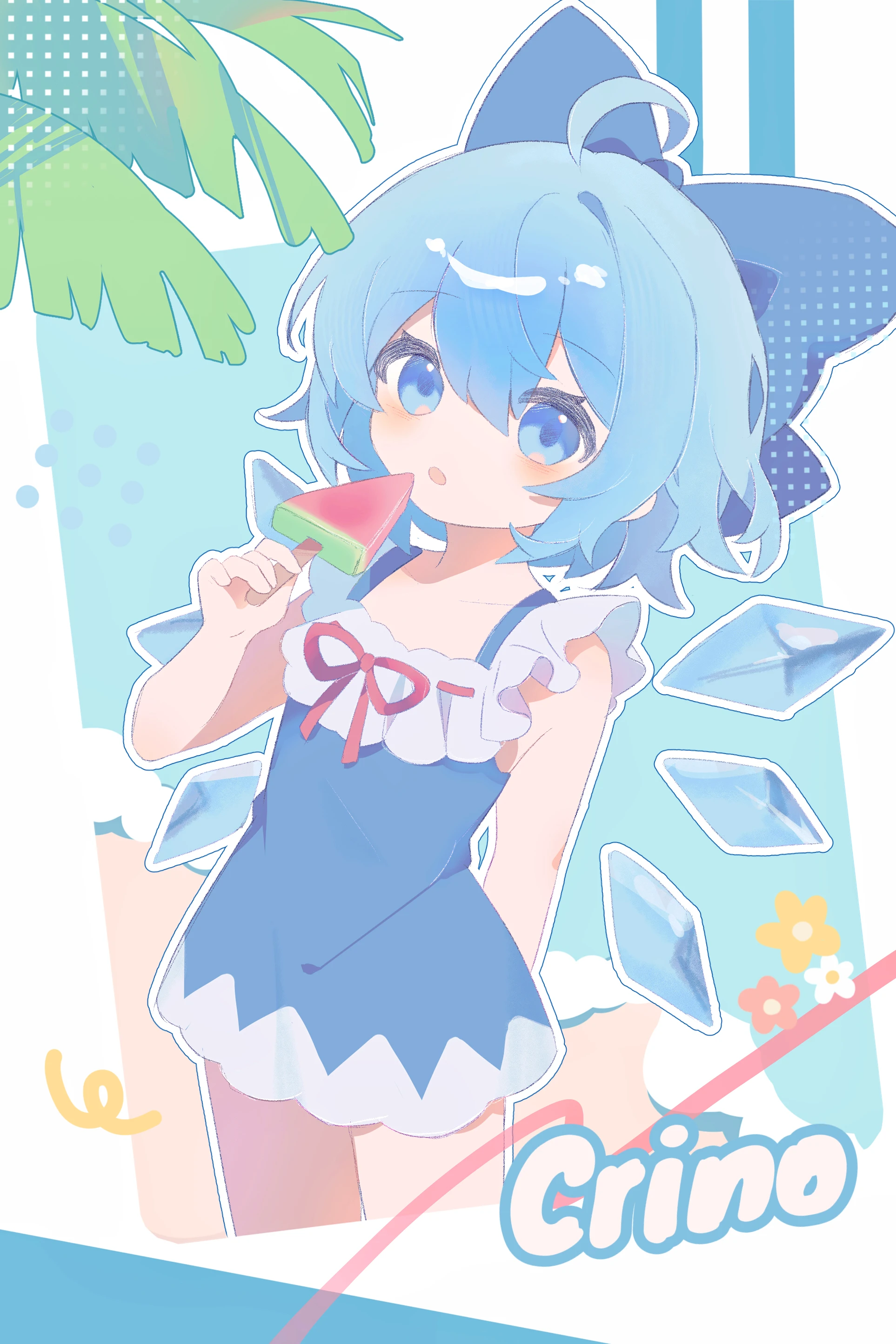 cirno, touhou, absurdres, highres, blue dress, blue hair, bow, dress, food, holding, holding food, ice, ice wings, misakiii, popsicle, red bow, short hair, simple background, smile, solo, summer, swimsuit, wings
