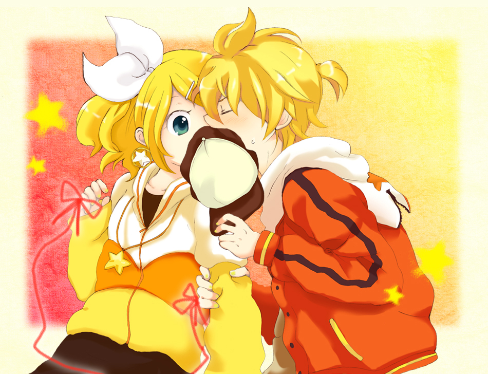 hazuki (pacco), kagamine len, kagamine rin, juvenile (vocaloid), vocaloid, 1boy, 1girl, brother and sister, casual, covered mouth, hat, hetero, incest, jewelry, kiss, necklace, one eye covered, outside border, siblings, swept bangs, twincest, twins