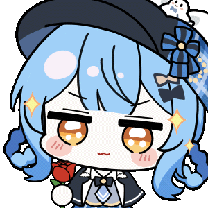 chunye haruya, tachibana sherry, mahou shoujo no majo saiban, animated, animated gif, artist collaboration, lowres, 1girl, :3, black capelet, black hat, blue hair, blush stickers, braid, braided hair rings, capelet, chibi, chibi only, closed mouth, flower, hair rings, hat, holding, holding flower, incoming gift, jitome, looking at viewer, nekoyashiki riri, no nose, red flower, red rose, rose, short hair, simple background, solo, sparkle, transparent background, upper body, yellow eyes