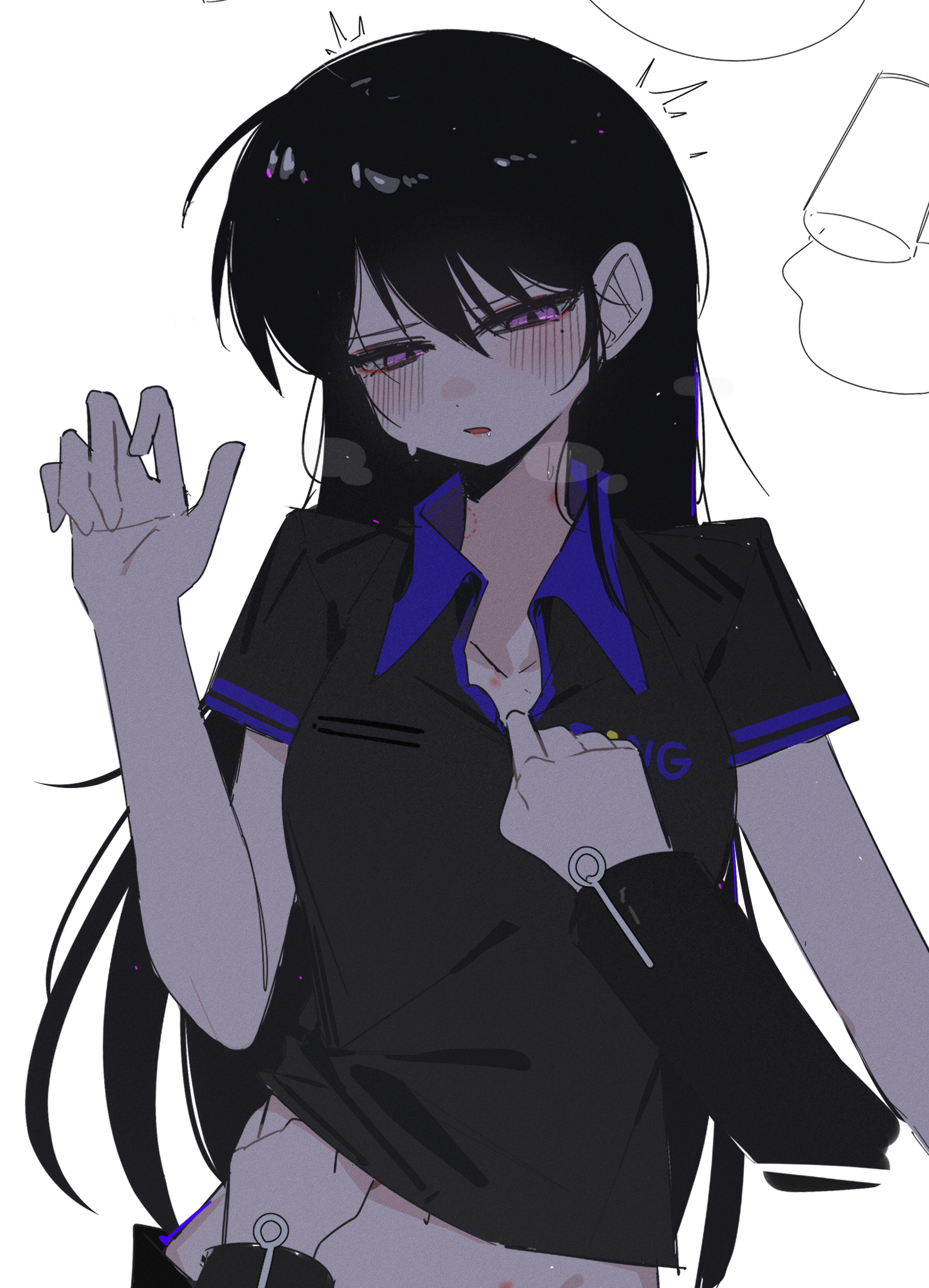 zikiki1092, shiina taki, yahata umiri, bang dream!, bang dream! it's mygo!!!!!, commentary request, highres, 2girls, bite mark, bite mark on neck, black hair, black shirt, blush, collared shirt, female pov, hand under clothes, hand under shirt, hand up, hickey, long hair, mole, mole under eye, multiple girls, parted lips, pov, purple eyes, shirt, short sleeves, simple background, white background, yuri