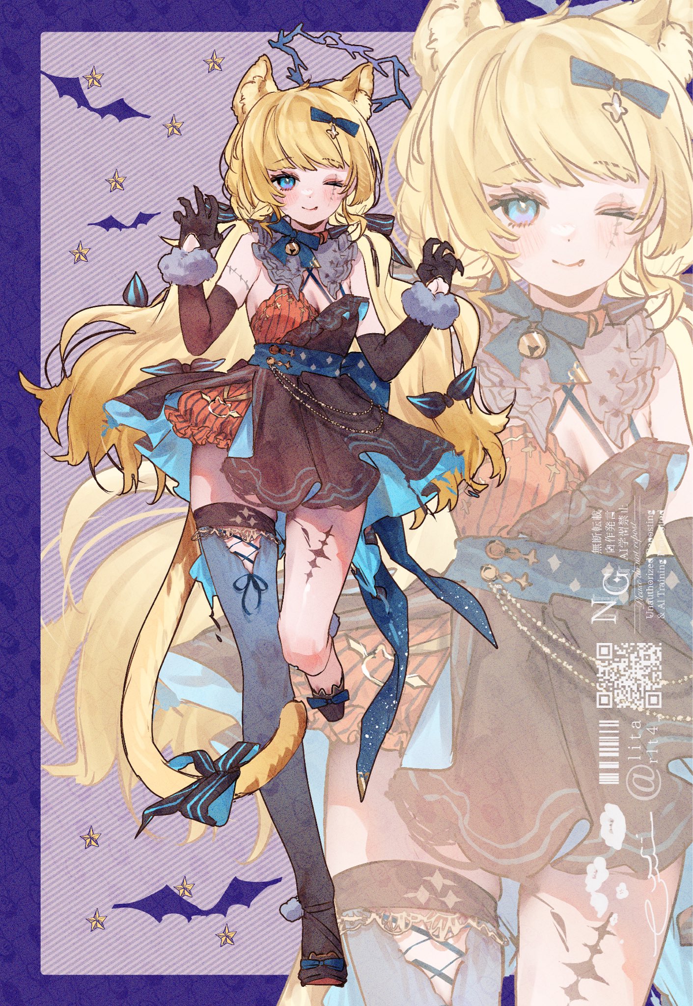 lt26, phoebe (wuthering waves), wuthering waves, commentary request, highres, 1girl, animal ear fluff, animal ears, bare shoulders, black dress, black gloves, blue eyes, blue thighhighs, breasts, claw pose, cleavage, closed mouth, dress, elbow gloves, full body, gloves, halloween costume, hands up, kemonomimi mode, looking at viewer, medium breasts, one eye closed, single thighhigh, smile, tacet mark (wuthering waves), thighhighs, thighs, werewolf costume, zoom layer
