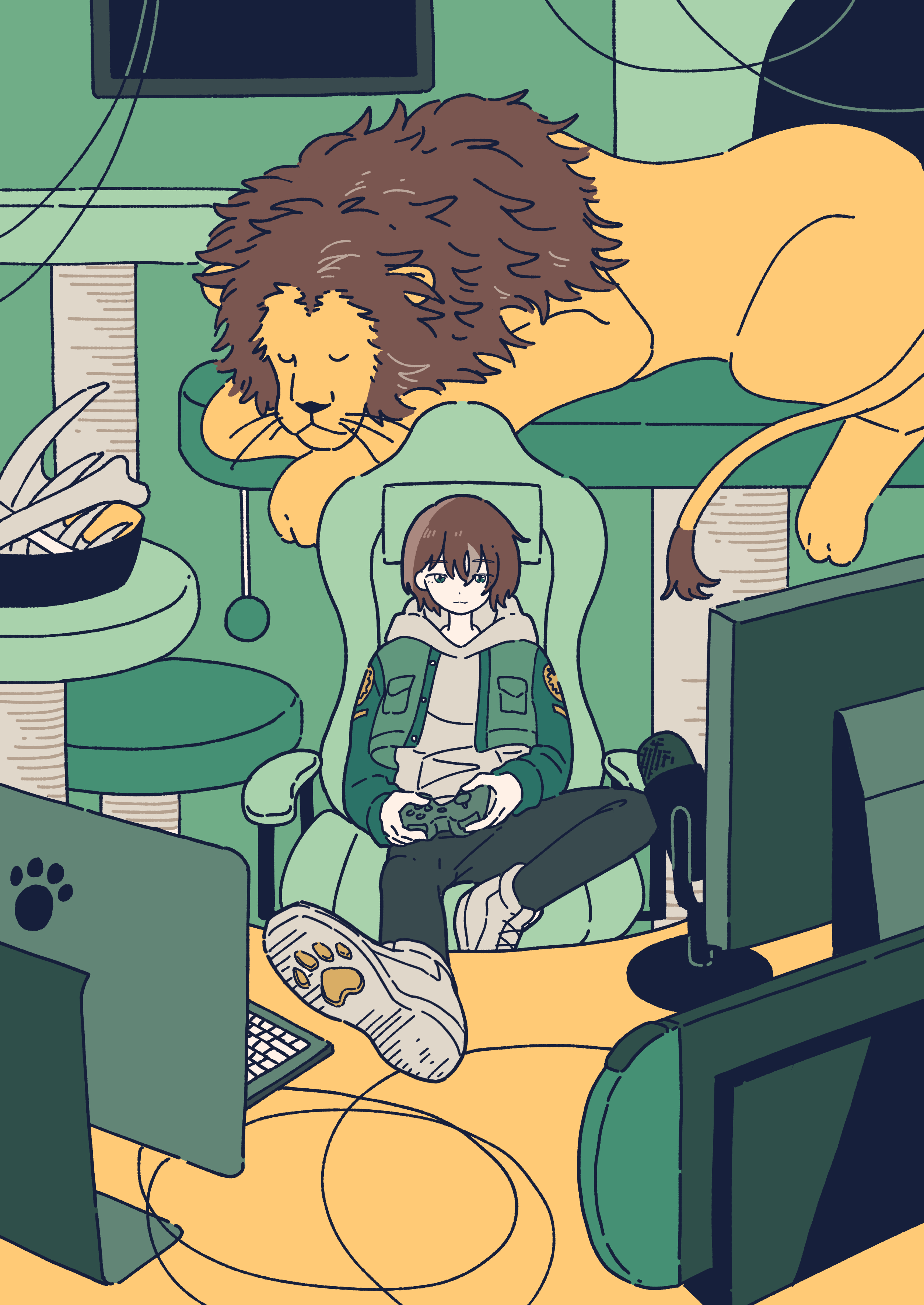 mitsuki sanagi, original, absurdres, commentary request, highres, 1other, androgynous, animal, black pants, brown hair, cake, cake slice, closed mouth, controller, expressionless, flat color, food, full body, game controller, green jacket, grey hoodie, grey shoes, hair between eyes, holding, holding controller, holding game controller, hood, hoodie, indoors, jacket, lion, long bangs, long sleeves, microphone, monitor, open clothes, open jacket, pants, shoes, short hair, slice of life, solo