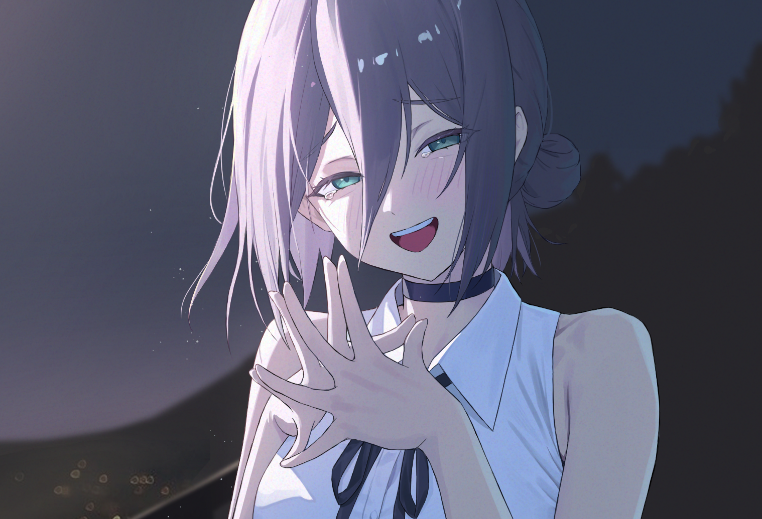 gonplap, reze (chainsaw man), chainsaw man, 1girl, bare shoulders, black choker, black hair, choker, collared shirt, green eyes, hair between eyes, hair bun, neck ribbon, open mouth, own hands together, ribbon, shirt, short hair, sidelocks, sleeveless, sleeveless shirt, smile, solo, steepled fingers, tearing up, upper body, white shirt