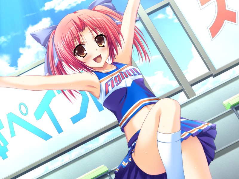 tomose shunsaku, nanami mei, boku to gonee to umi no year, boku to gonee to umi no year!!, game cg, non-web source, 1girl, armpits, arms up, cheerleader, dutch angle, female focus, midriff, red hair, short hair, skirt, socks, solo, twintails