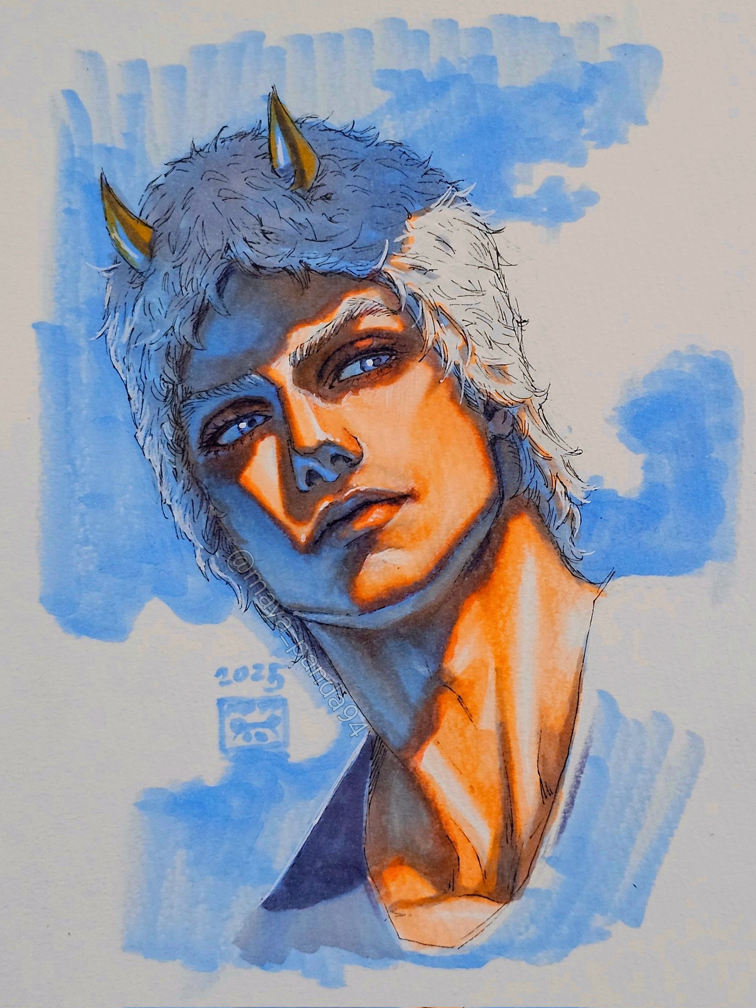 maya panda, weather report, jojo no kimyou na bouken, stone ocean, commentary, english commentary, highres, marker (medium), traditional media, 1boy, 2025, blue background, blue eyes, collarbone, cropped shoulders, fake horns, fur hat, hat, horned hat, horns, looking to the side, male focus, portrait, short hair, solo, white hat