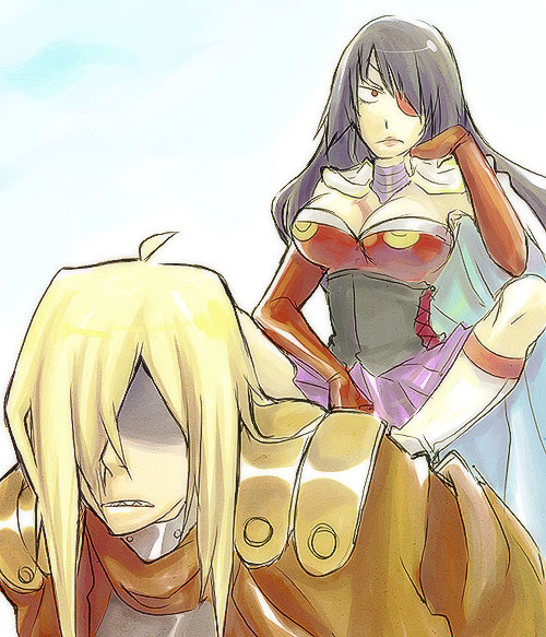 adiane, viral (ttgl), tengen toppa gurren lagann, tengen toppa gurren lagann: parallel works, 00s, 1boy, 1girl, blue hair, breasts, cleavage, eyepatch, long hair, parallel works