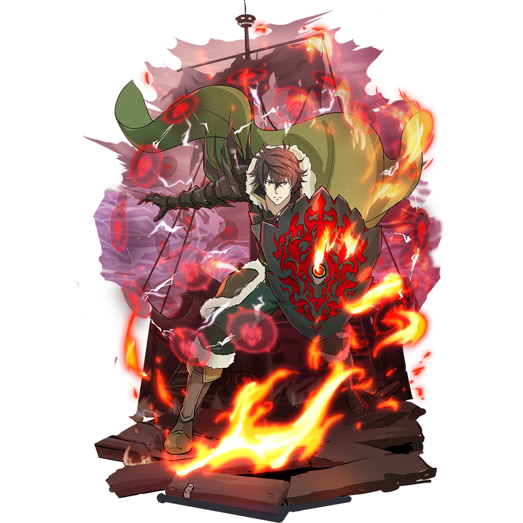 iwatani naofumi, tate no yuusha no nariagari, tate no yuusha no nariagari rerise, artist request, game cg, official art, 1boy, armor, black armor, black hair, boots, breastplate, brown armor, brown boots, cloak, couter, fire, frown, full body, fur-trimmed armor, fur-trimmed boots, fur-trimmed hood, fur trim, gauntlets, green cloak, green eyes, green pants, hair between eyes, holding, holding shield, hood, hood down, hooded cloak, knee boots, leather armor, legendary shield (shield of wrath) (tate no yuusha no nariagari), legendary shield (tate no yuusha no nariagari), looking at viewer, male focus, messy hair, outstretched arm, pants, pauldrons, red sky, rerebrace, sailing ship, shield, short hair, shoulder armor, simple background, sky, solo, spiked pauldrons, spiked rerebrace, spikes, standing, straight-on, tassets, transparent background, v-shaped eyebrows, vambraces, wooden floor