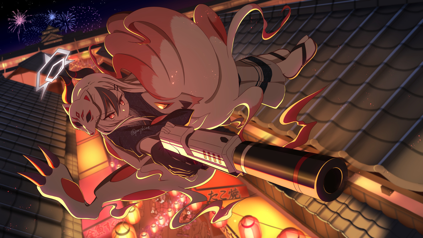 pori, hisuian zoroark, kayoko (blue archive), blue archive, nintendo, pokemon, commentary request, translation request, 1girl, claws, crossover, fireworks, fox mask, gun, h&k p30, halo, handgun, lantern, mask, mask on head, multicolored hair, paper lantern, pokemon (creature), red eyes, sandals, socks, streaked hair, weapon, white hair, white socks