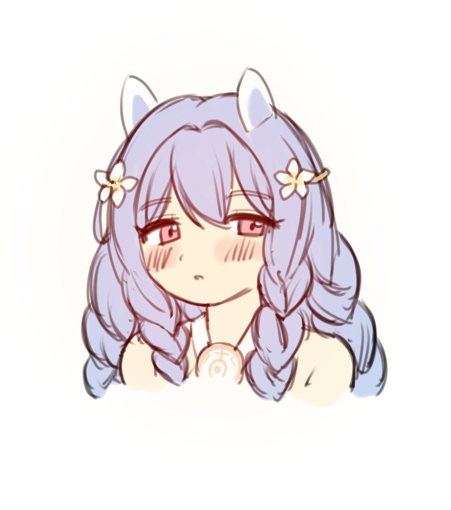 ahiiirqua15, heidrun (fire emblem), heidrun (summer) (fire emblem), fire emblem, fire emblem heroes, nintendo, 1girl, bare shoulders, blue hair, blush, braid, cropped torso, flower, hair flower, hair ornament, long hair, looking to the side, parted lips, red eyes, solo, upper body, white background