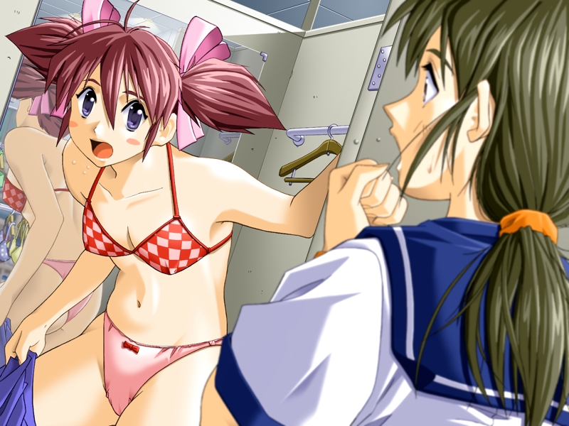 skyhouse, calendar girl, game cg, 2girls, blush, bow, bra, cartains, caught, checkered bra, checkered clothes, clothes hanger, dressing, dressing room, embarrassed, green hair, lingerie, long hair, mirror, multiple girls, panties, ponytail, purple eyes, red hair, reflection, school uniform, shop, shopping, short hair, surprised, twintails, underwear, underwear only, undressing