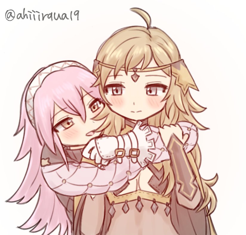 ahiiirqua15, ophelia (fire emblem), soleil (fire emblem), fire emblem, fire emblem fates, nintendo, 2girls, :d, blonde hair, blush, bodystocking, breasts, closed mouth, gambeson, gloves, hair between eyes, hairband, hug, hug from behind, long hair, looking at another, multiple girls, open mouth, pink hair, small breasts, smile, twitter username, upper body, white background, white gloves, yuri