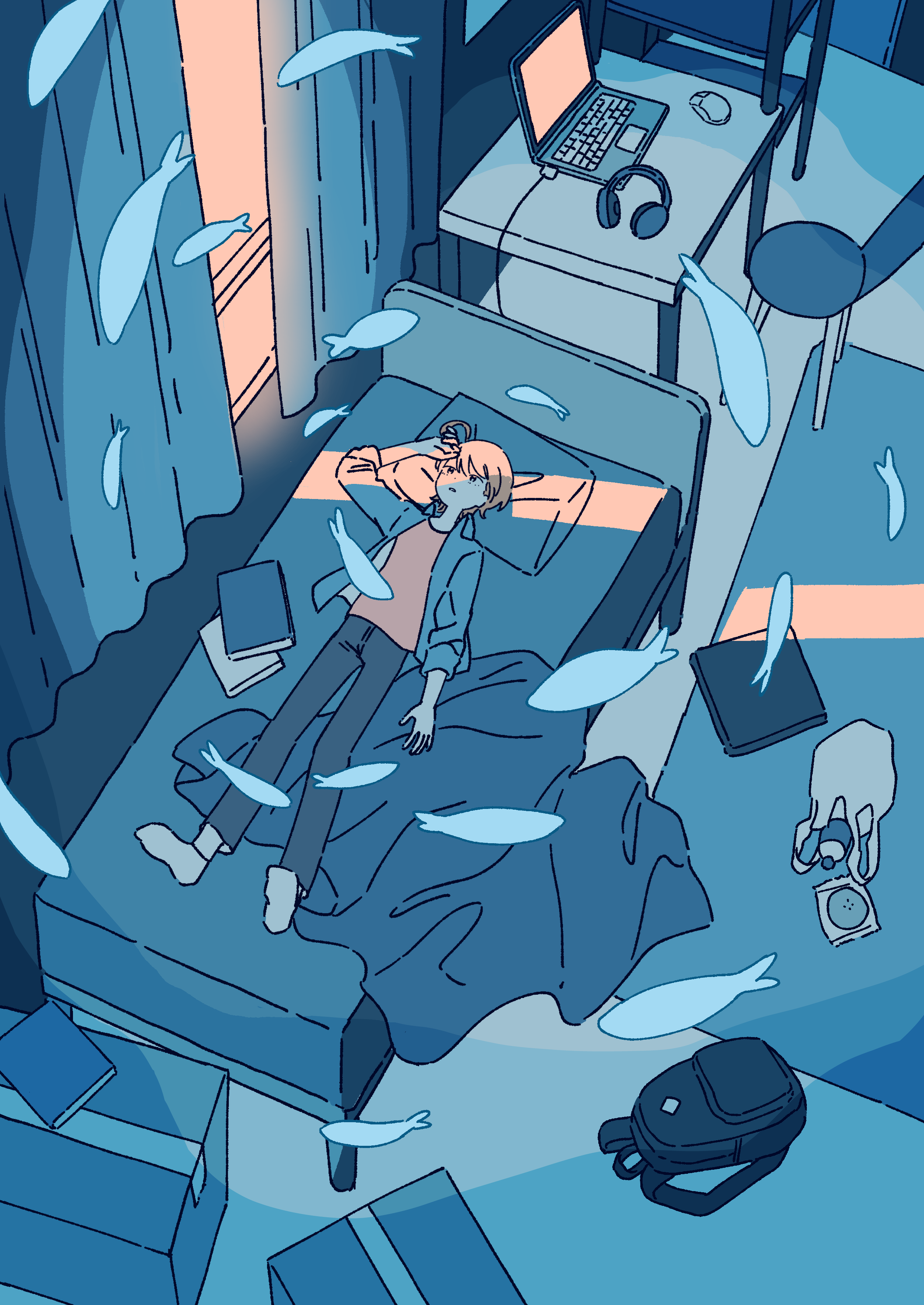 mitsuki sanagi, original, absurdres, commentary request, highres, 1boy, ahoge, arm at side, arm up, backpack, bag, bed, blanket, book, brown hair, computer, crack of light, curtains, fish, flying fish, full body, head on pillow, headphones, indoors, laptop, long sleeves, lying, male focus, no shoes, on back, on bed, open clothes, open shirt, pants, pile of books, pillow, short hair, socks, unworn headphones, very short hair, window