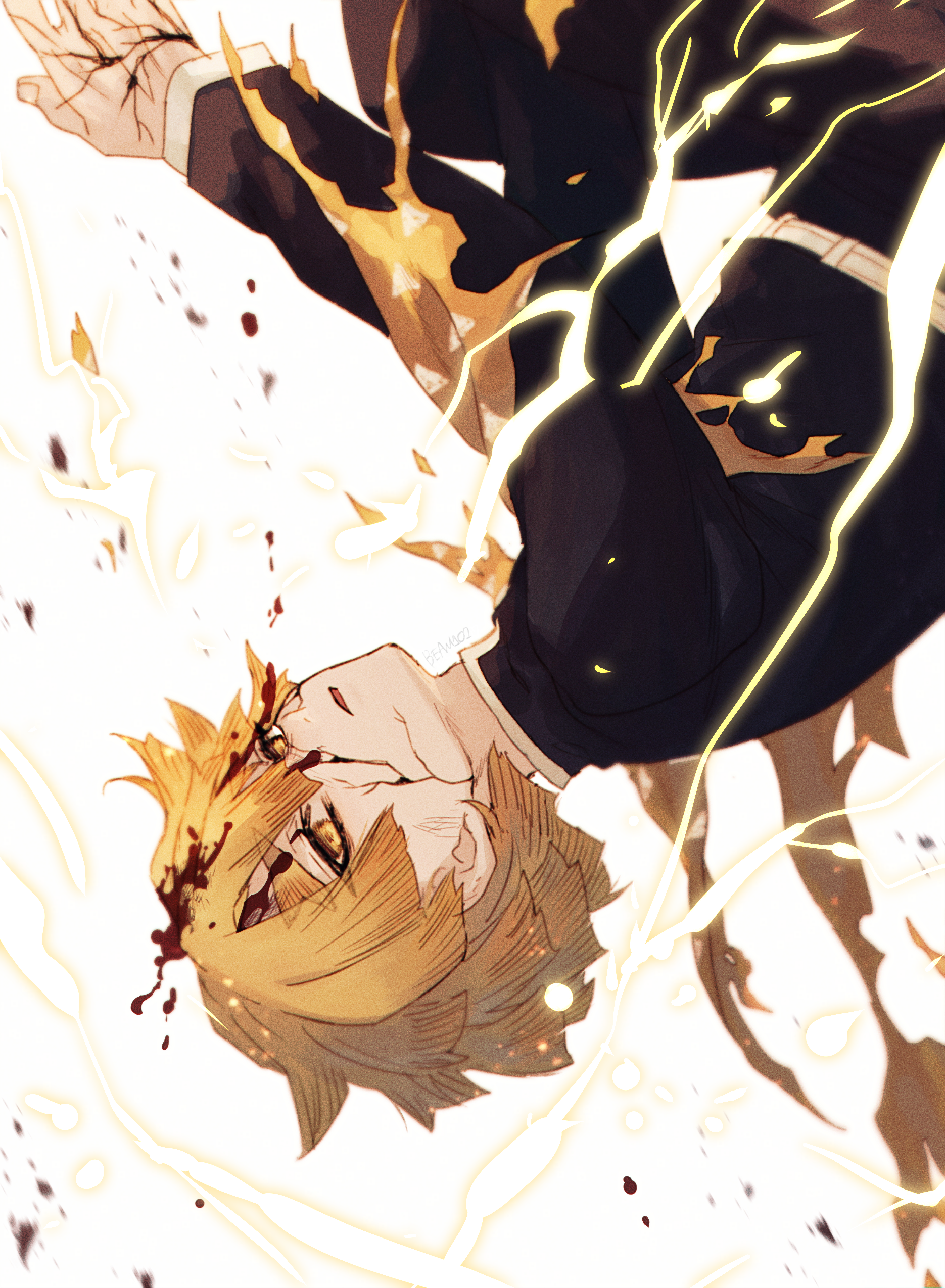 beam107, agatsuma zenitsu, kimetsu no yaiba, absurdres, commentary request, highres, 1boy, blonde hair, blood, demon slayer uniform, expressionless, fingernails, japanese clothes, lightning, long sleeves, looking at viewer, male focus, short hair, simple background, solo, upper body, upside-down, white background, yellow eyes