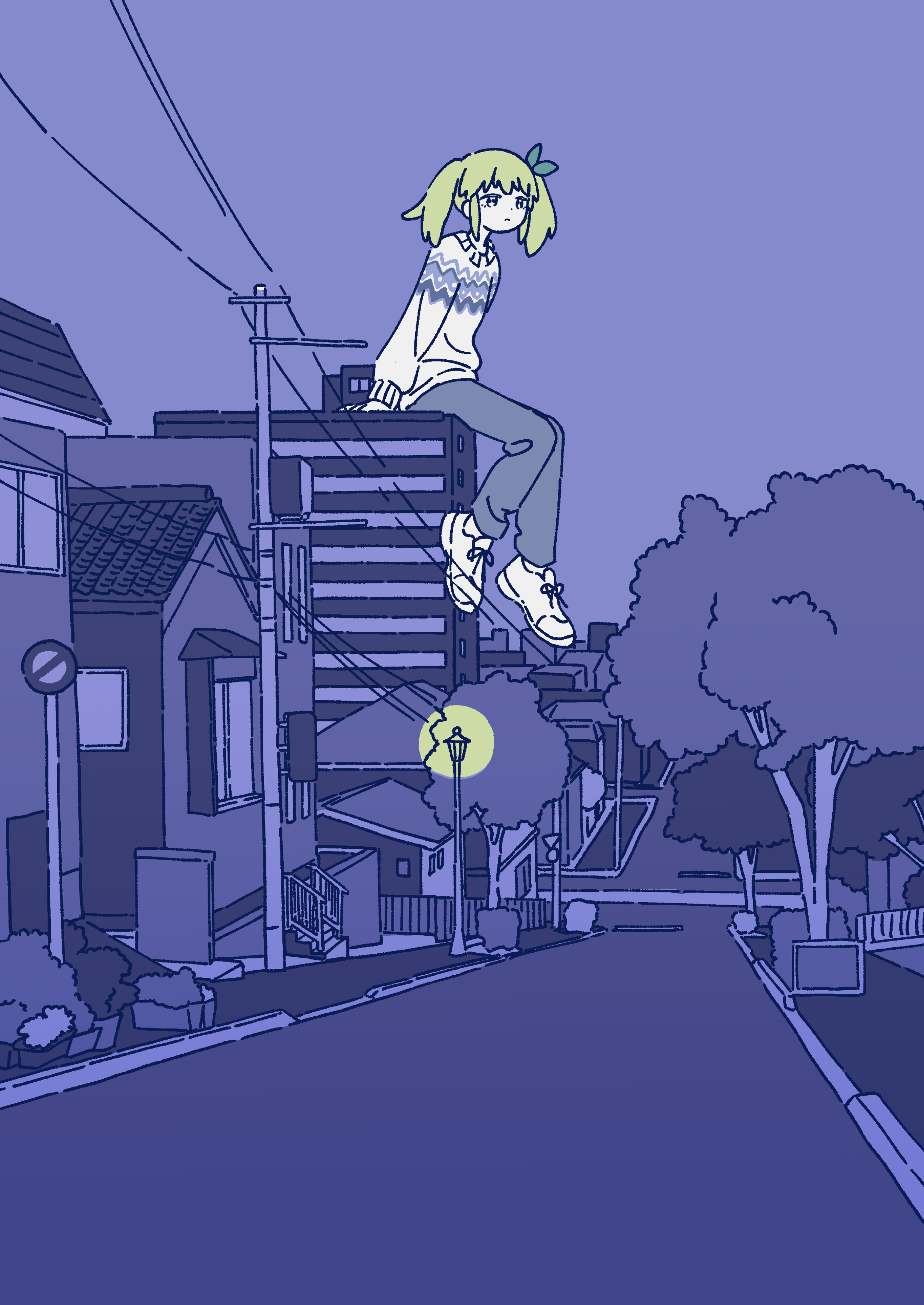 mitsuki sanagi, original, absurdres, commentary request, highres, 1girl, blonde hair, blue theme, building, closed mouth, dot nose, expressionless, flat color, full body, giant, giantess, grey pants, heart, lamppost, long sleeves, medium hair, monochrome, night, night sky, outdoors, pants, shoes, sitting, sky, sneakers, solo, spoken heart, sweater, tree, twintails, white shoes, white sweater