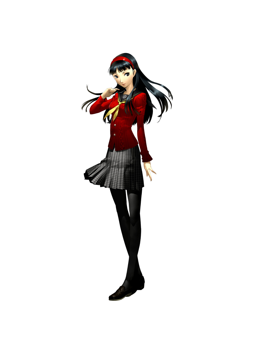 soejima shigenori, amagi yukiko, atlus, persona, persona 4, highres, official art, 1girl, black eyes, black hair, female focus, full body, hairband, long hair, pantyhose, school uniform, skirt, solo