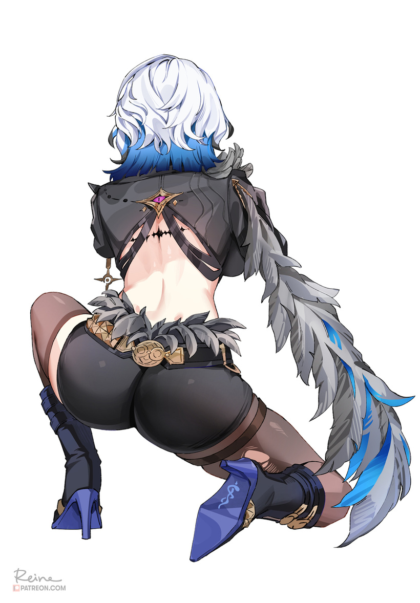foxyreine, galbrena (wuthering waves), goddess of victory: nikke, wuthering waves, commentary, english commentary, 1girl, ass, back, black boots, black feathers, black jacket, black pantyhose, black shorts, black thighhighs, blue hair, boots, colored inner hair, cropped jacket, facing away, feathered wings, feathers, from behind, full body, grey hair, high heel boots, high heels, jacket, median furrow, medium hair, meme, multicolored hair, nikke's shooting pose (meme), on one knee, pantyhose, pose imitation, shorts, simple background, single leg pantyhose, single thighhigh, single wing, solo, tacet mark (wuthering waves), thighhighs, thighs, torn clothes, torn pantyhose, white background, wings