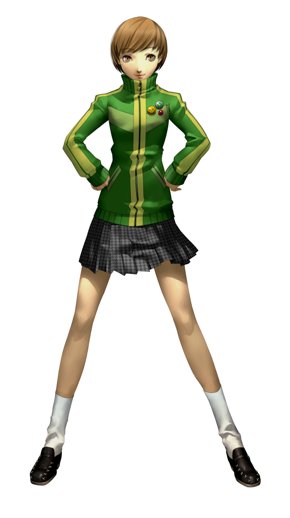 soejima shigenori, satonaka chie, atlus, persona, persona 4, highres, official art, 1girl, brown eyes, brown hair, female focus, full body, hands on own hips, houndstooth, houndstooth skirt, jacket, lapel pin, pin, short hair, skirt, smile, smiley face, socks, solo, track jacket, zipper