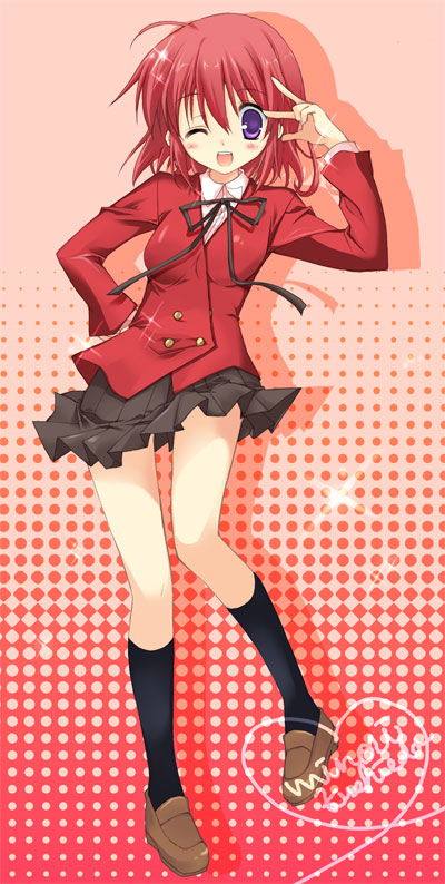kiaki, kushieda minori, toradora!, bad id, bad pixiv id, 00s, kneehighs, one eye closed, open mouth, purple eyes, red hair, school uniform, shoes, socks, solo, wink