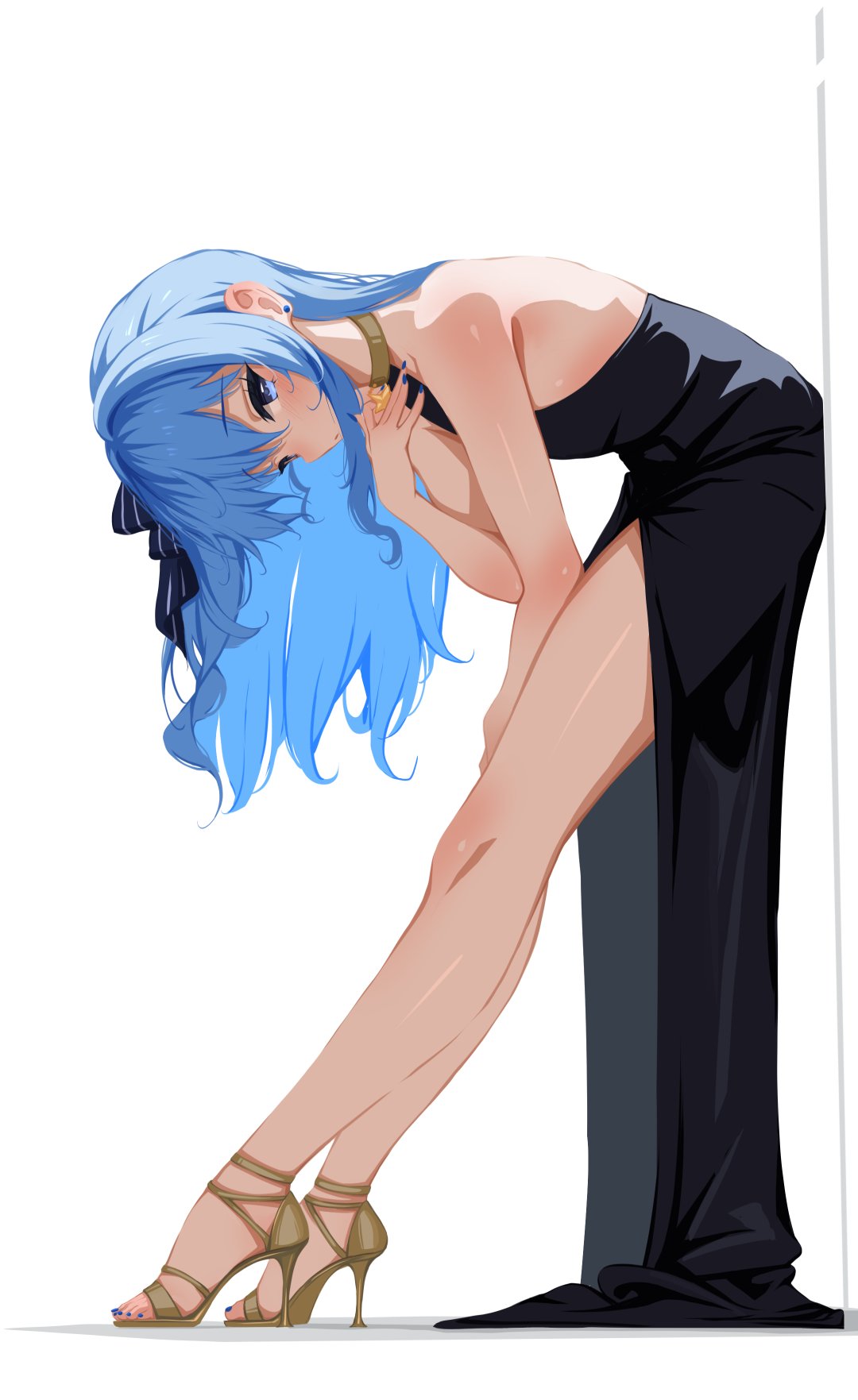 sansha art, hoshimachi suisei, hololive, highres, 1girl, alternate costume, arm up, bare arms, bare shoulders, black dress, blue eyes, blue hair, blue nails, choker, closed mouth, dress, earrings, full body, hair ornament, high heels, jewelry, leaning forward, legs, long dress, long hair, long sidelocks, looking at viewer, shoes, sidelocks, simple background, sleeveless, sleeveless dress, solo, standing, thighs, white background, yellow choker, yellow shoes