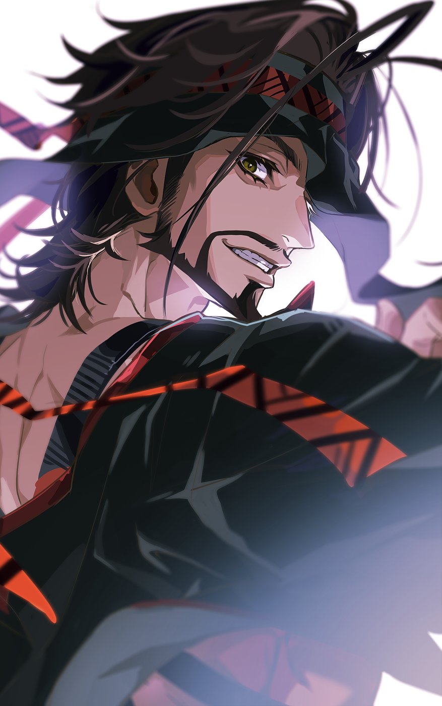 tantan notan, rashid (street fighter), street fighter, street fighter 6, highres, 1boy, backlighting, beard, black hair, brown eyes, brown hair, chinstrap beard, connected beard, eyelashes, facial hair, goatee, grin, keffiyeh, looking back, male focus, short hair, sideburns, smile, solo, white background