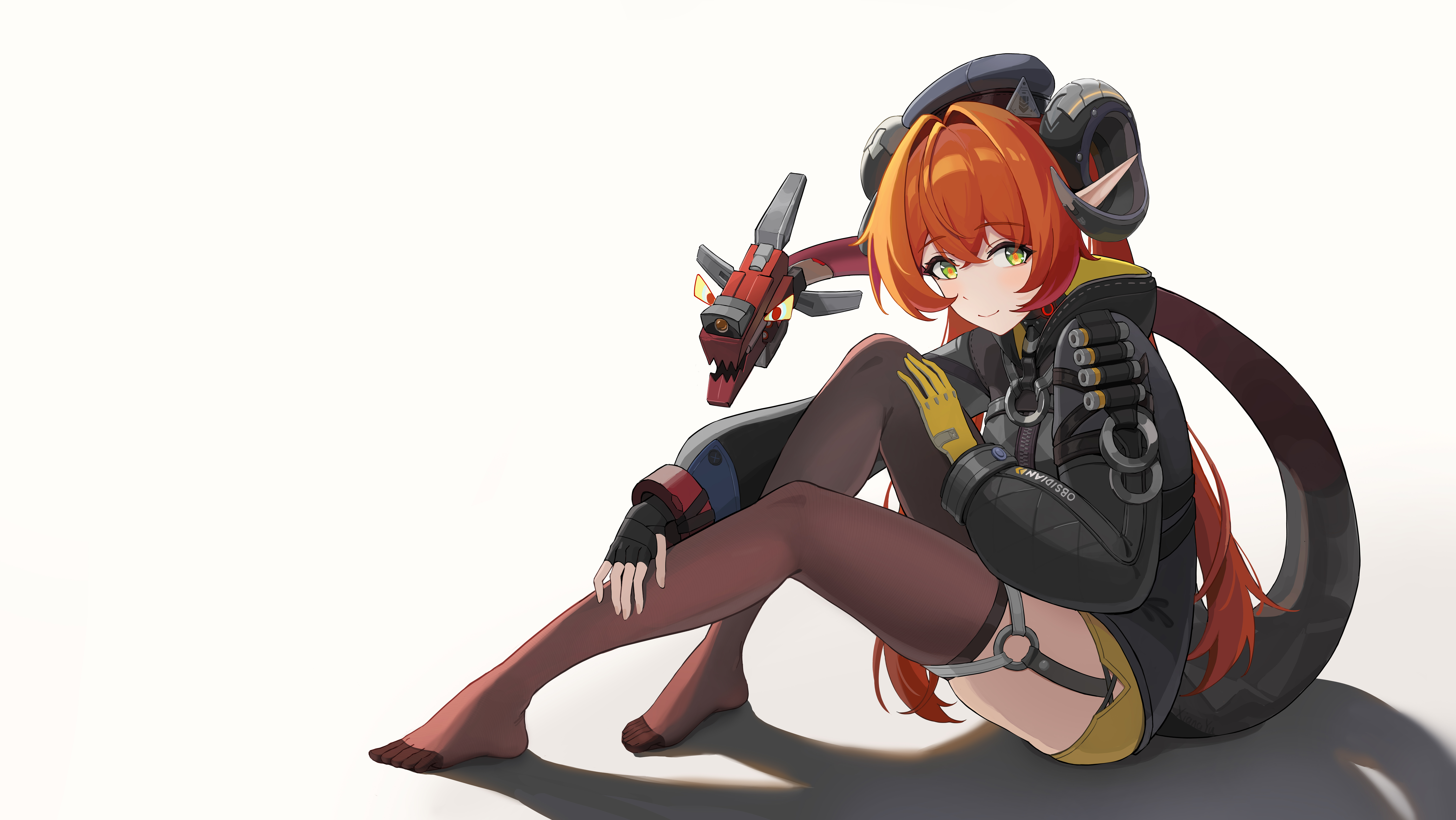 xiangyu xiangyu, magus (zenless zone zero), orphie magnusson, zenless zone zero, absurdres, chinese commentary, commentary request, highres, 1girl, asymmetrical gloves, beret, black gloves, black hat, black jacket, dragon girl, dragon horns, fingerless gloves, gloves, green eyes, hair between eyes, hat, hood, hooded jacket, horns, jacket, long hair, long sleeves, mechanical horns, mechanical tail, mismatched gloves, no shoes, orange hair, pointy ears, red pupils, simple background, sitting, tail, thighhighs, thighs, toes, twintails, very long hair, white background, yellow gloves, zipper