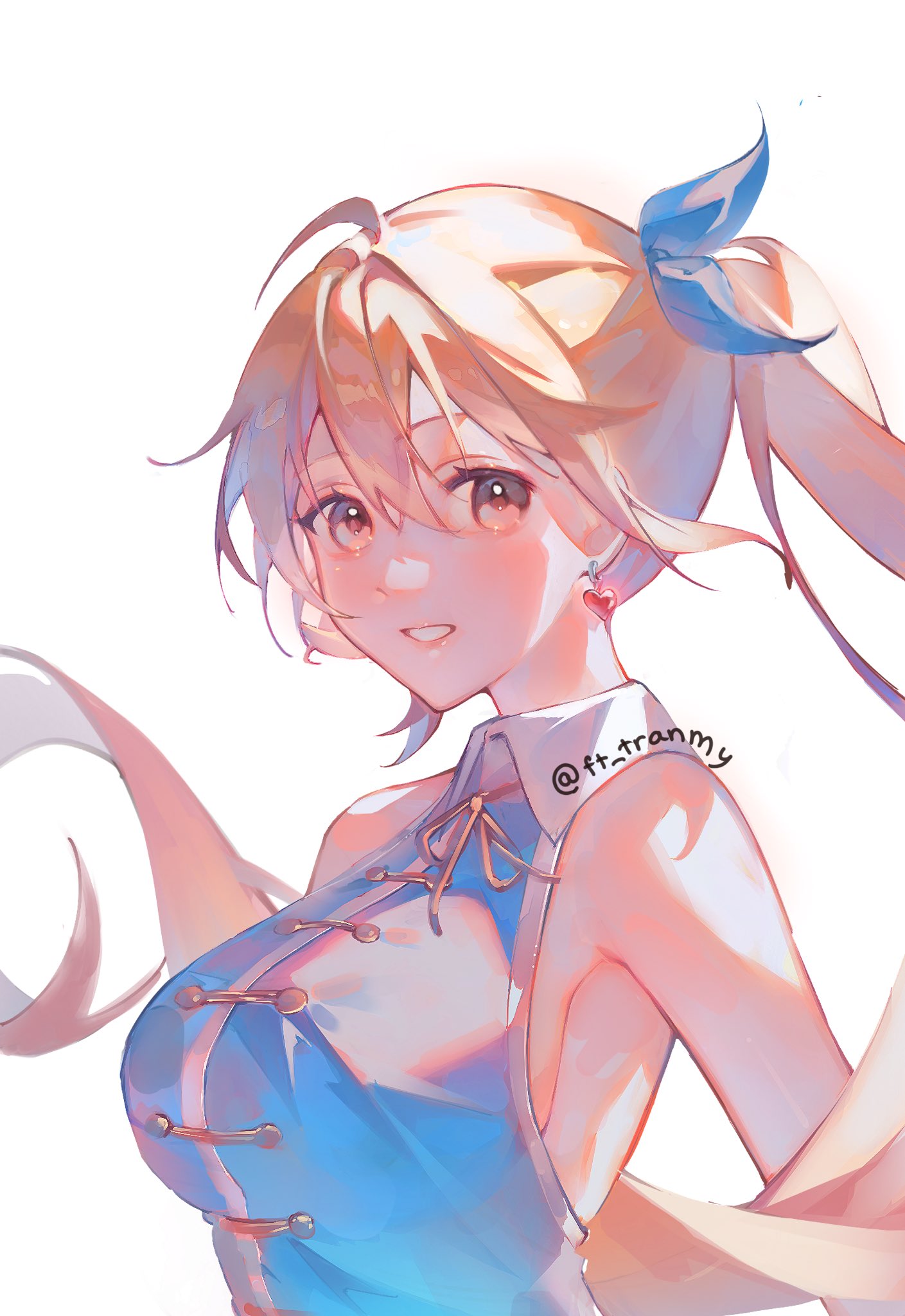 soupcari, lucy heartfilia, fairy tail, commentary, highres, 1girl, artist name, bare shoulders, blonde hair, blue shirt, breasts, collared shirt, earrings, grin, heart, heart earrings, jewelry, large breasts, long hair, looking at viewer, shirt, simple background, sleeveless, sleeveless shirt, smile, solo, twitter username, upper body, white background