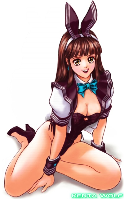 ookami kenta, bad id, bad pixiv id, 1girl, animal ears, bare legs, breasts, brown eyes, brown hair, cleavage, fake animal ears, female focus, large breasts, long hair, playboy bunny, rabbit ears, school uniform, serafuku, solo