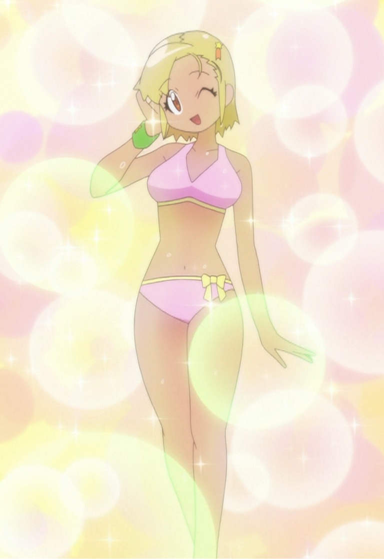 angol mois, keroro gunsou, anime screenshot, non-web source, stitched, third-party edit, 1girl, bikini, blonde hair, dark-skinned female, dark skin, female focus, one eye closed, orange eyes, pink bikini, short hair, solo, swimsuit, wink