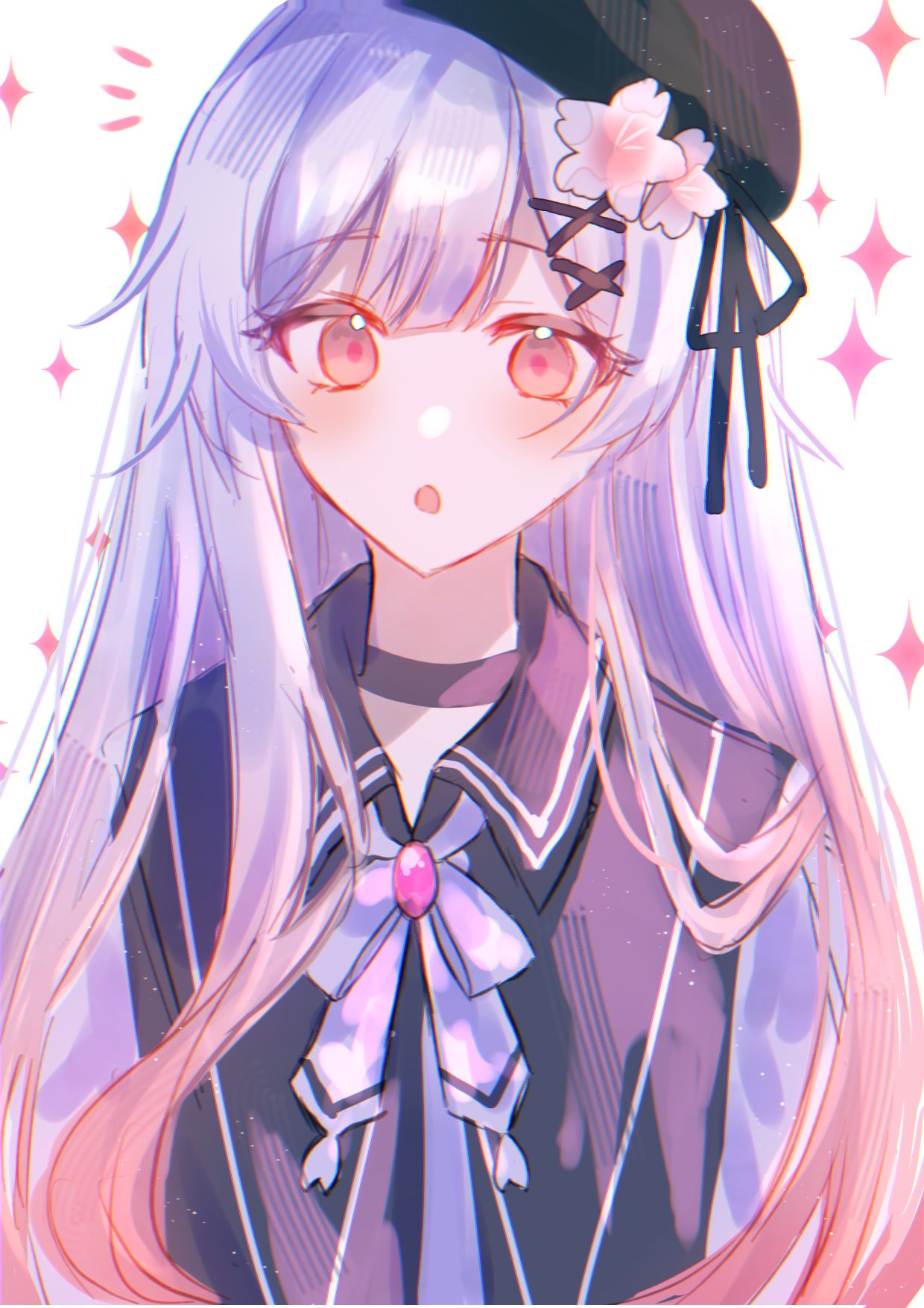 rikako0229, sakuraba ema, mahou shoujo no majo saiban, commentary request, highres, 1girl, :o, alternate hair length, alternate hairstyle, beret, black choker, black hat, choker, flower, gradient hair, hair flower, hair ornament, hat, long hair, looking at viewer, magical girl, multicolored hair, neck ribbon, notice lines, open mouth, pink eyes, pink hair, ribbon, solo, sparkle, upper body, white background, white flower, white hair, white ribbon, x hair ornament