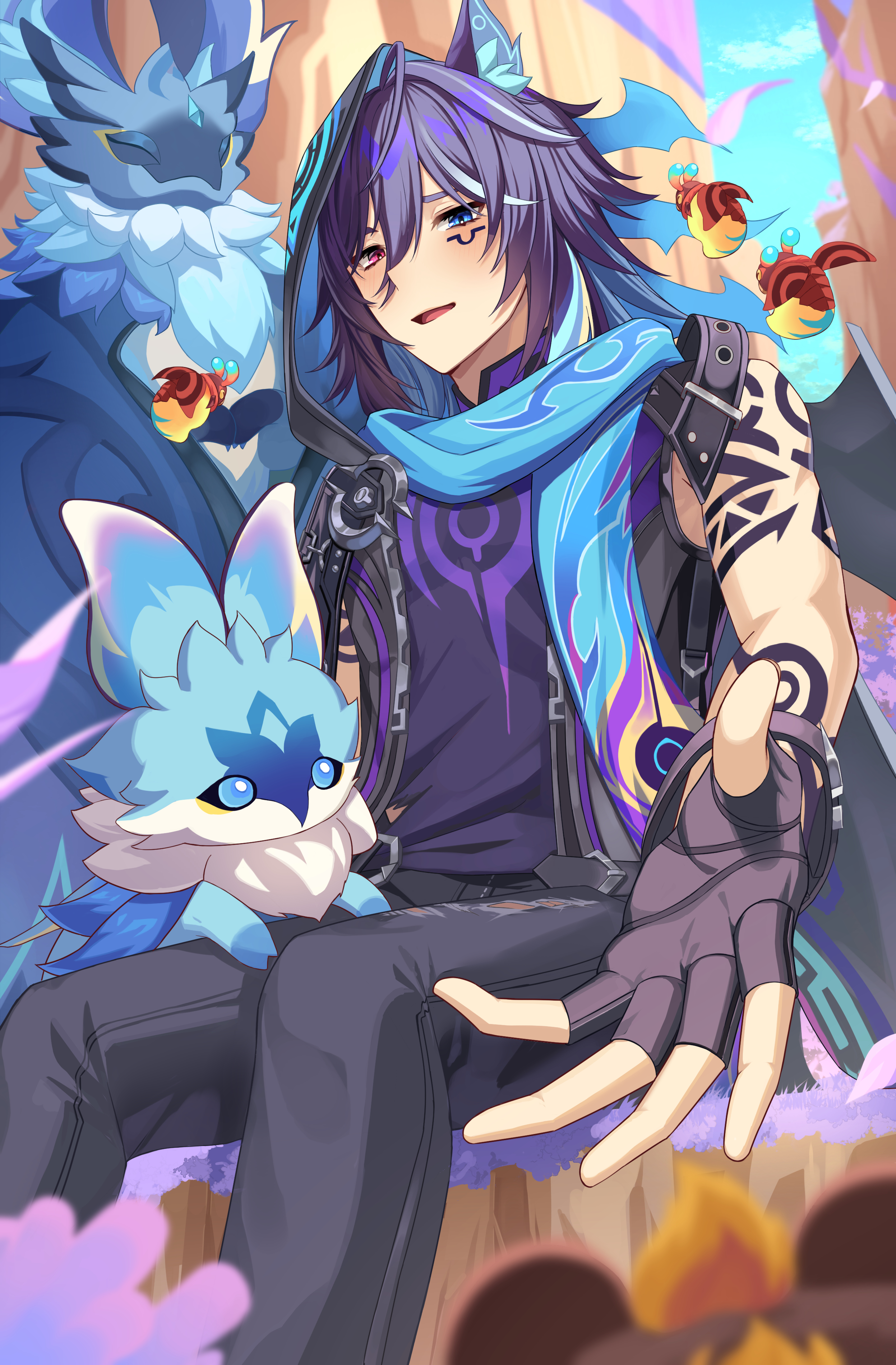 haya pik, iktomisaurus (genshin impact), ororon (genshin impact), genshin impact, absurdres, highres, 1boy, animal ear fluff, animal ears, arm tattoo, bat ears, black gloves, black hair, black hood, black jacket, black pants, black shirt, blue eyes, facial mark, fingerless gloves, gloves, hair between eyes, heterochromia, hood, jacket, long hair, male focus, multicolored hair, open mouth, pants, shirt, solo, tattoo