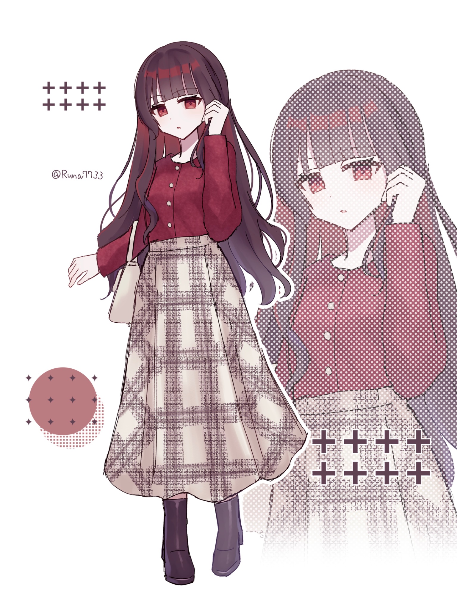 runa (runa7733), nikaido hiro, mahou shoujo no majo saiban, highres, 1girl, adjusting hair, alternate costume, black boots, black hair, blunt bangs, boots, brown skirt, casual, full body, hand up, long hair, long skirt, long sleeves, looking at viewer, red eyes, red shirt, shirt, skirt, solo, standing, twitter username, zoom layer