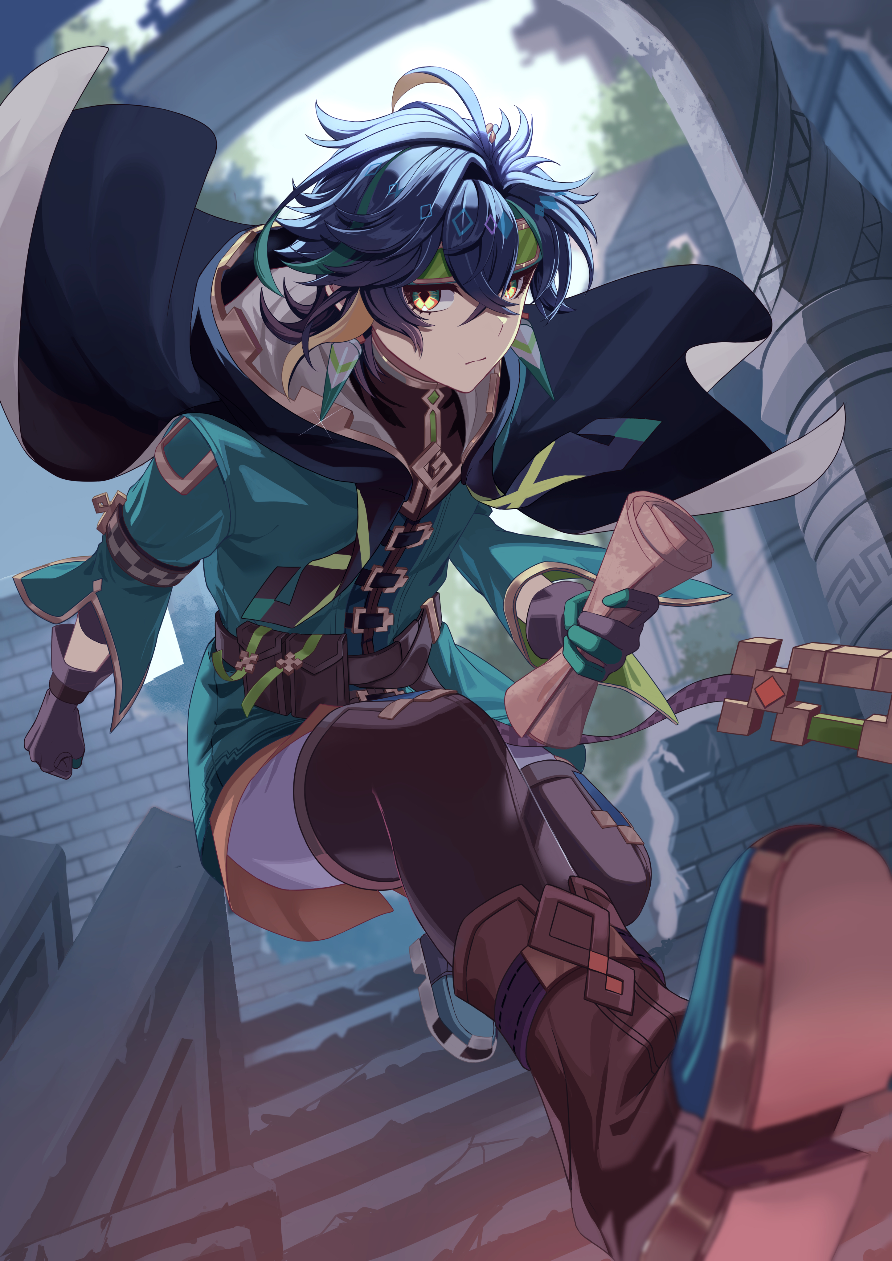 haya pik, kinich (genshin impact), genshin impact, absurdres, highres, 1boy, black cape, black hair, blonde hair, brown gloves, brown shoes, cape, closed mouth, gloves, green eyes, green hair, green headband, green jacket, hair between eyes, headband, holding, holding map, jacket, male focus, map, multicolored hair, shoes, short hair, solo, streaked hair