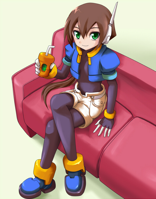 shigehiro (hiroi heya), aile (mega man zx), capcom, mega man (series), mega man zx, mega man zx advent, 1girl, bodysuit, brown hair, couch, crossed legs, drink, female focus, green eyes, pantyhose, robot ears, shorts, sitting, solo, spandex, vest