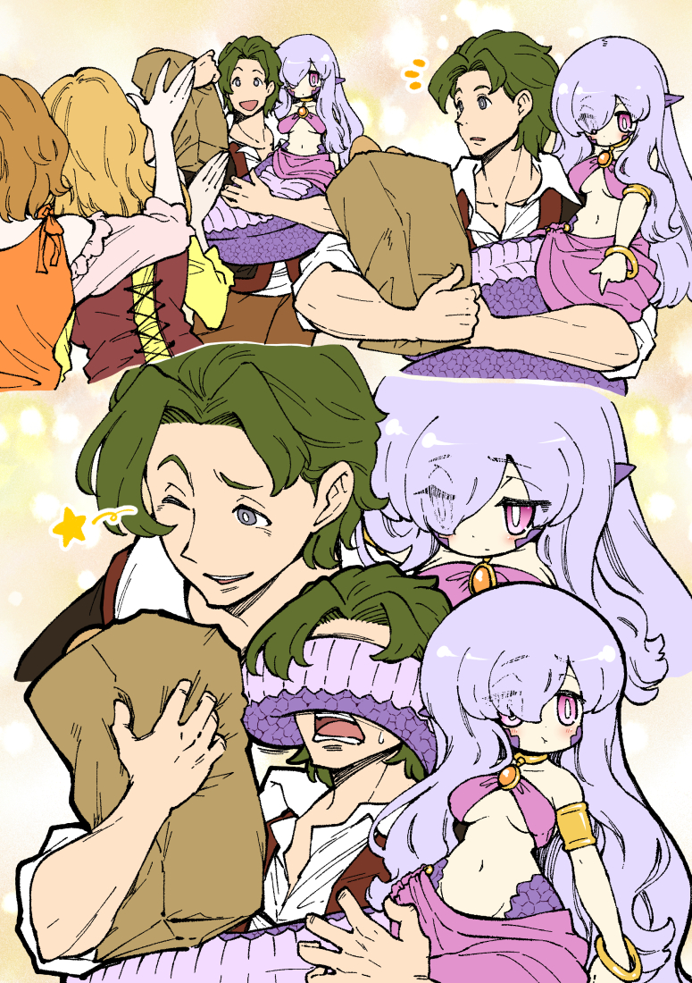 nenbuta, original, 1boy, 3girls, bag, breasts, carrying, comic, covered eyes, eyes visible through hair, green hair, holding, holding bag, jealous, lamia, monster girl, multiple girls, one eye closed, pink eyes, pout, princess carry, purple hair, small breasts, tail around another, wink