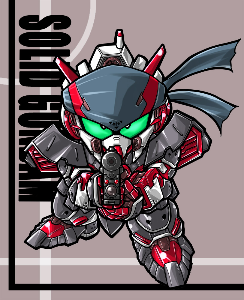 darui hito, darui nin oo, gundam astray red frame, solid snake, gundam, gundam seed, gundam seed astray, metal gear (series), sd gundam, translated, bandana, chibi, gun, mecha, mechanization, no humans, parody, robot, solo, weapon