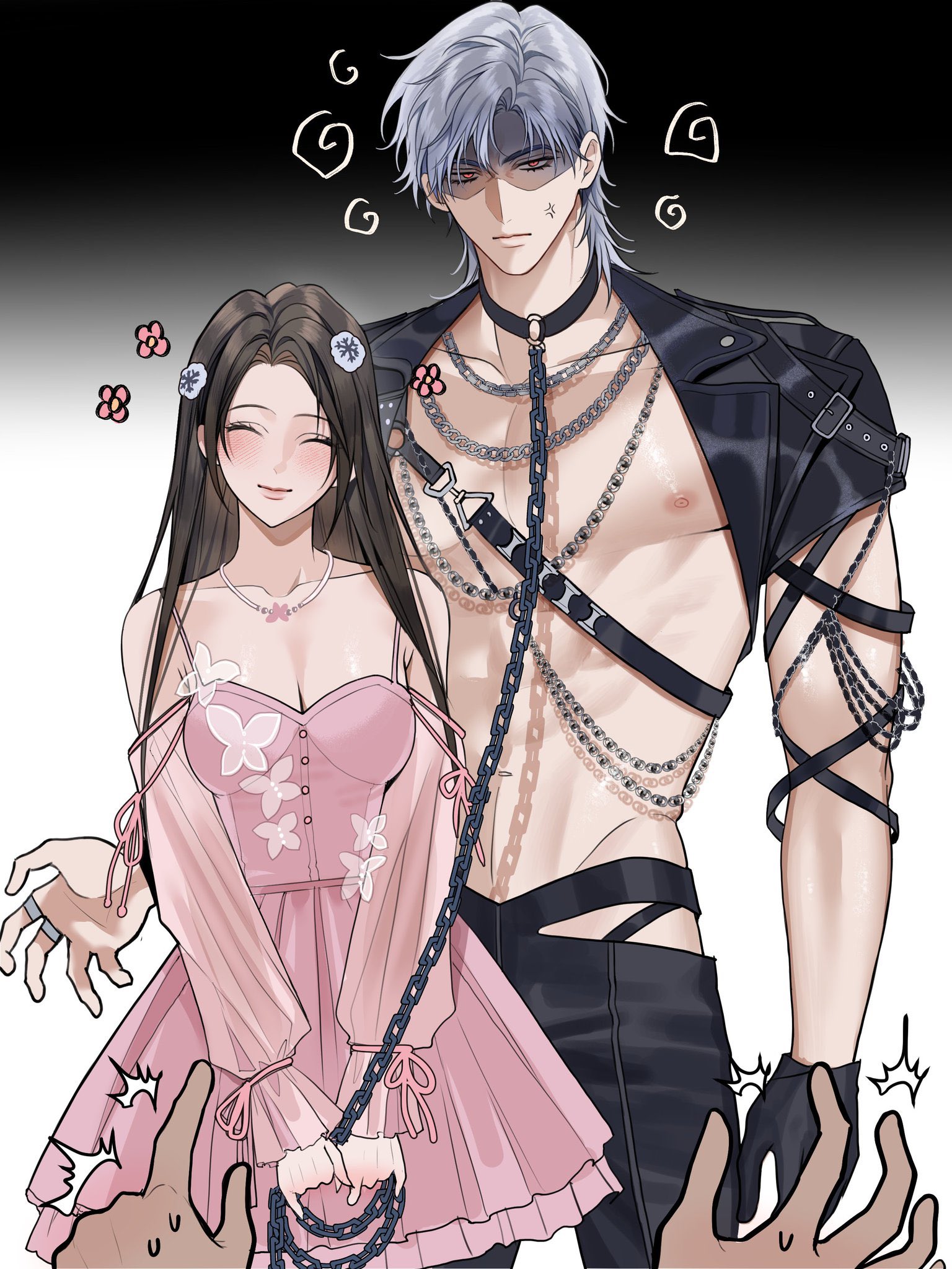 pnk crow, protagonist (love and deepspace), sylus (love and deepspace), love and deepspace, commentary, english commentary, highres, 1boy, 1girl, annoyed, black gloves, blush, breasts, brown hair, chain, chain leash, cleavage, closed eyes, closed mouth, collar, cropped jacket, dress, gloves, gradient background, holding, holding chain, jacket, jewelry, leash, long hair, long sleeves, looking at viewer, male chest, muscular, muscular male, necklace, nipples, open clothes, open jacket, pink dress, red eyes, ring, see-through clothes, see-through sleeves, short hair, simple background, smile, white hair