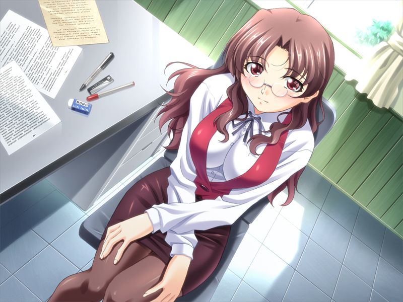 izumi mahiru, yashiro riho, doki doki sister paradise 2, tombow mono, game cg, 1girl, blush, brand name imitation, desk, eraser, female focus, glasses, pantyhose, pencil skirt, skirt, solo, vest