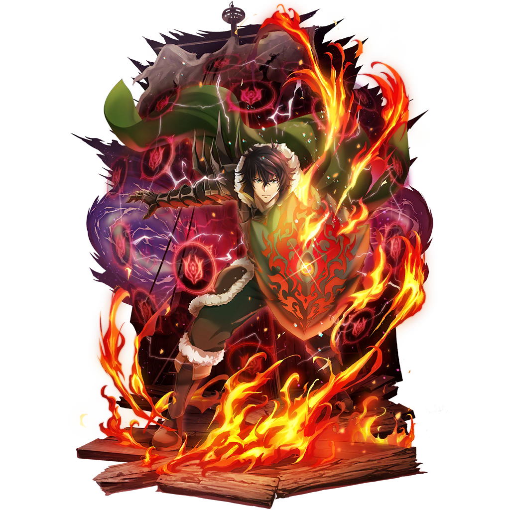 iwatani naofumi, tate no yuusha no nariagari, tate no yuusha no nariagari rerise, artist request, game cg, official art, 1boy, armor, black armor, black hair, boots, breastplate, brown armor, brown boots, cloak, couter, fire, frown, full body, fur-trimmed armor, fur-trimmed boots, fur-trimmed hood, fur trim, gauntlets, green cloak, green eyes, green pants, hair between eyes, holding, holding shield, hood, hood down, hooded cloak, knee boots, leather armor, legendary shield (shield of wrath) (tate no yuusha no nariagari), legendary shield (tate no yuusha no nariagari), looking at viewer, male focus, messy hair, outstretched arm, pants, pauldrons, red sky, rerebrace, sailing ship, shield, short hair, shoulder armor, simple background, sky, solo, spiked pauldrons, spiked rerebrace, spikes, standing, straight-on, tassets, transparent background, v-shaped eyebrows, vambraces, wooden floor
