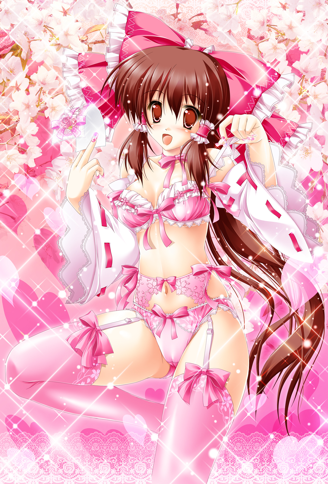kamiya tomoe, hakurei reimu, touhou, highres, 1girl, bow, bra, brown eyes, brown hair, cameltoe, cherry blossoms, detached sleeves, fake nails, female focus, fingernails, garter belt, hair bow, lingerie, long fingernails, long hair, nail (hardware), nail art, nail polish, nipple slip, nipples, panties, pink background, pink nails, pink panties, pink theme, ribbon, short hair, solo, thighhighs, underwear, underwear only