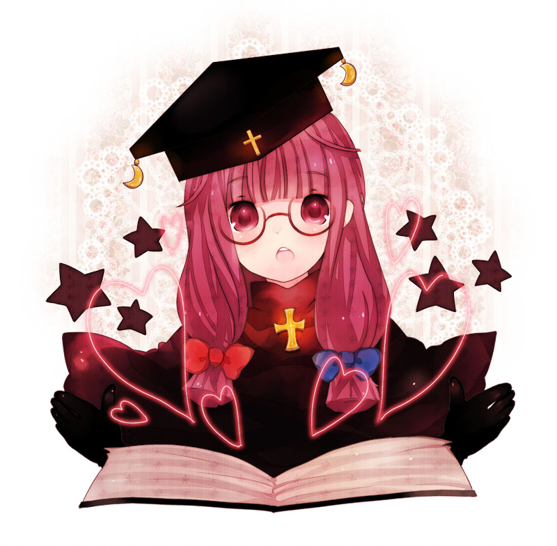 miyako (xxxbibit), myk, patchouli knowledge, touhou, bad id, bad pixiv id, photoshop (medium), 1girl, bespectacled, black hat, book, crescent, crescent hat ornament, cross, cross patty, female focus, glasses, hat, hat ornament, long hair, low-tied long hair, purple eyes, purple hair, ribbon, solo, star (symbol)