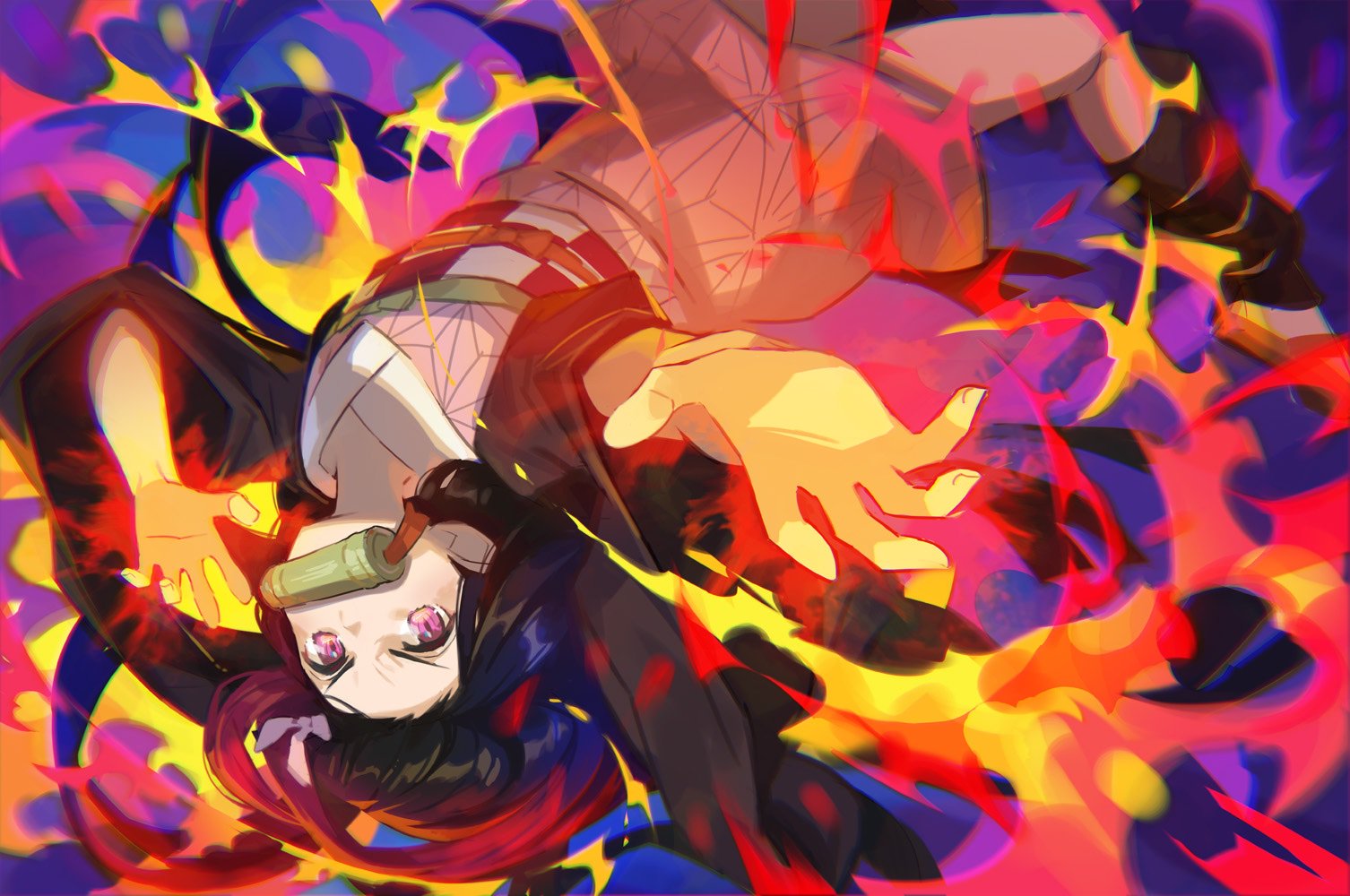 saitou naoki, kamado nezuko, kimetsu no yaiba, commentary request, 1girl, bamboo, bit gag, black hair, fire, gag, gagged, hair ribbon, japanese clothes, kimono, long hair, long sleeves, looking at viewer, obi, pink eyes, pink kimono, ribbon, sandals, sash, serious, solo, wide sleeves