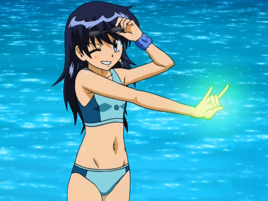 nogami aoi, zettai karen children, anime screenshot, non-web source, 00s, 1girl, bikini, blue bikini, blue eyes, blue hair, female focus, glowing, long hair, m/, matching hair/eyes, one eye closed, solo, sunglasses, swimsuit, wink, wristband