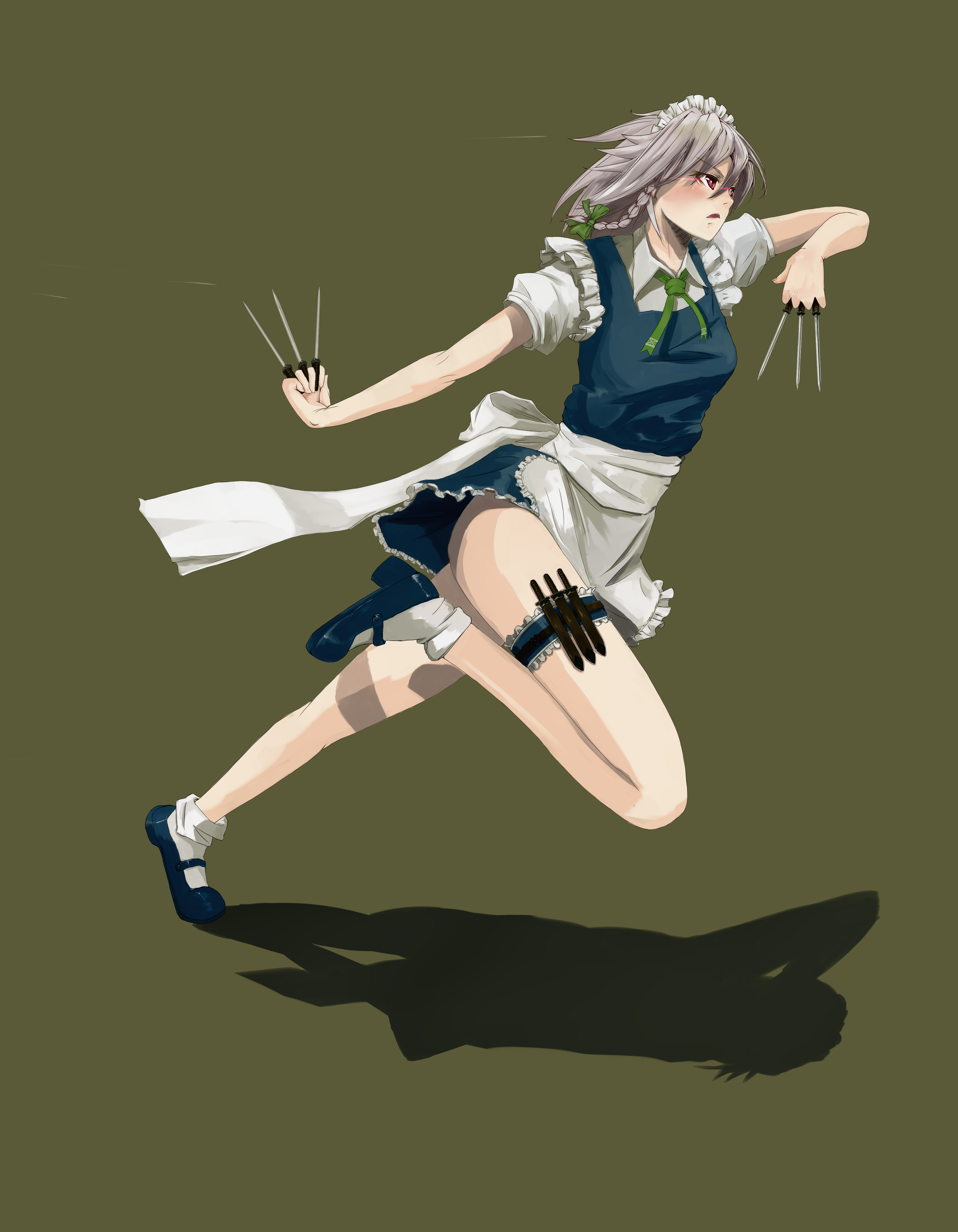 yammy (artist), yammy (cellblo), izayoi sakuya, embodiment of scarlet devil, touhou, silver hair, absurdres, highres, 1girl, between fingers, bobby socks, braid, female focus, glowing, glowing eyes, holding, knife, maid, maid headdress, mary janes, red eyes, running, shadow, shoes, short hair, socks, solo, thigh strap, throwing knife, twin braids, weapon
