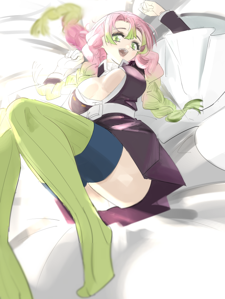 torakichi (kamima33), kanroji mitsuri, kimetsu no yaiba, commentary request, 1girl, :d, arms up, belt, black skirt, breasts, breasts apart, full body, green hair, green thighhighs, long hair, long sleeves, lying, mole, mole under each eye, mole under eye, multiple moles, on back, on bed, open mouth, pink hair, pleated skirt, skirt, smile, thighhighs, tri braids, white belt