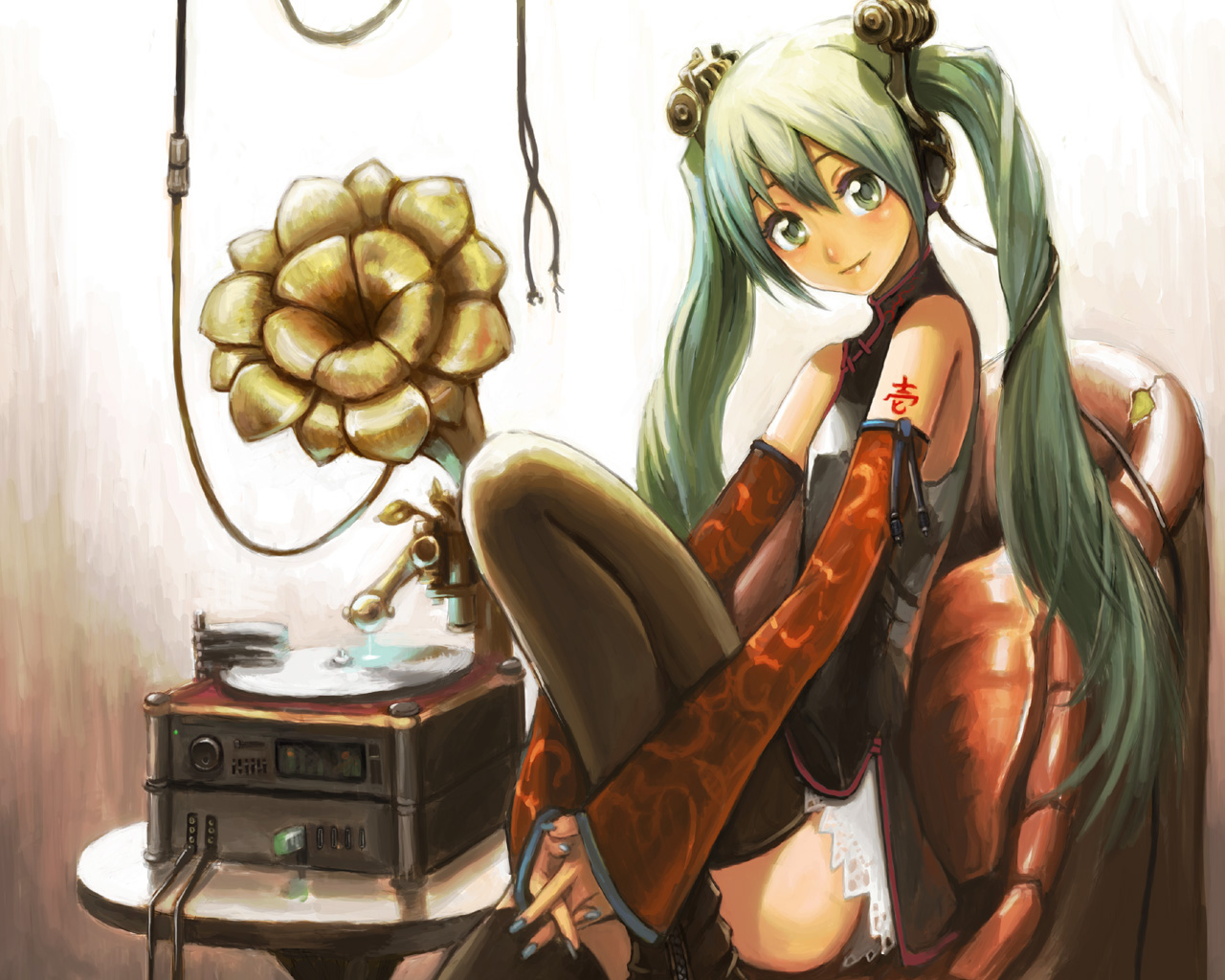 motsu rebaa, hatsune miku, vocaloid, 1girl, blue nails, china dress, chinese clothes, detached sleeves, dress, female focus, green eyes, green hair, long hair, matching hair/eyes, nail polish, phonograph, sitting, smile, solo, thighhighs, twintails