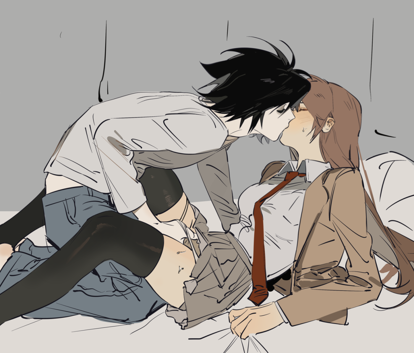 akmizuk, l (death note), yagami light, death note, 1boy, 1girl, bags under eyes, black hair, blazer, blue pants, brown hair, closed eyes, collared shirt, fingering, genderswap, genderswap (mtf), jacket, kiss, long hair, long sleeves, panties, pants, panty pull, pleated skirt, shirt, short hair, skirt, thighhighs, underwear, white shirt
