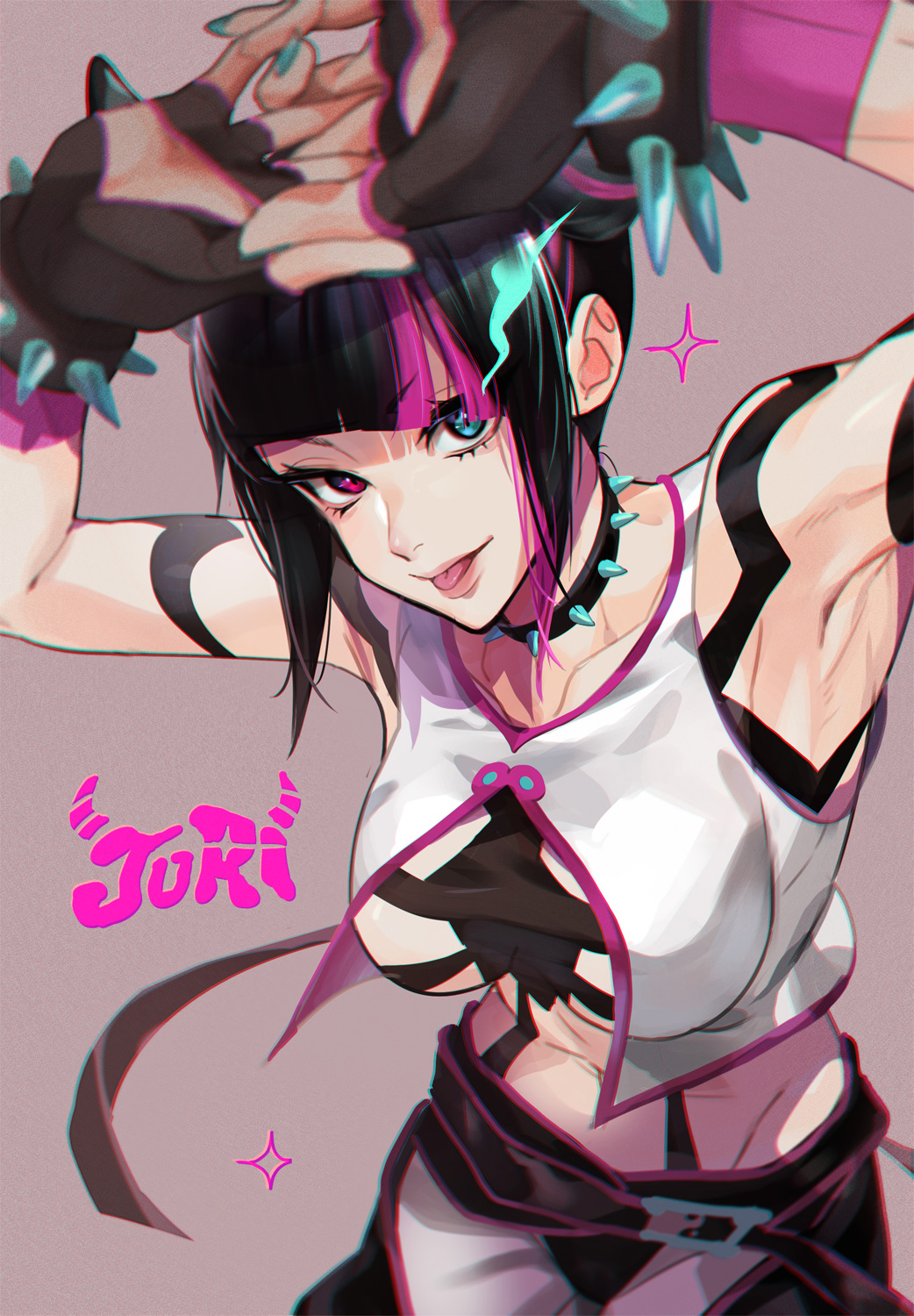 tantan notan, han juri, street fighter, commentary request, highres, 1girl, armpits, arms up, black gloves, black hair, bracelet, breasts, choker, eyelashes, gloves, heterochromia, jewelry, large breasts, looking at viewer, midriff, multicolored hair, pants, pink background, shirt, solo, spiked bracelet, spiked choker, spikes, streaked hair, tongue, tongue out, white shirt