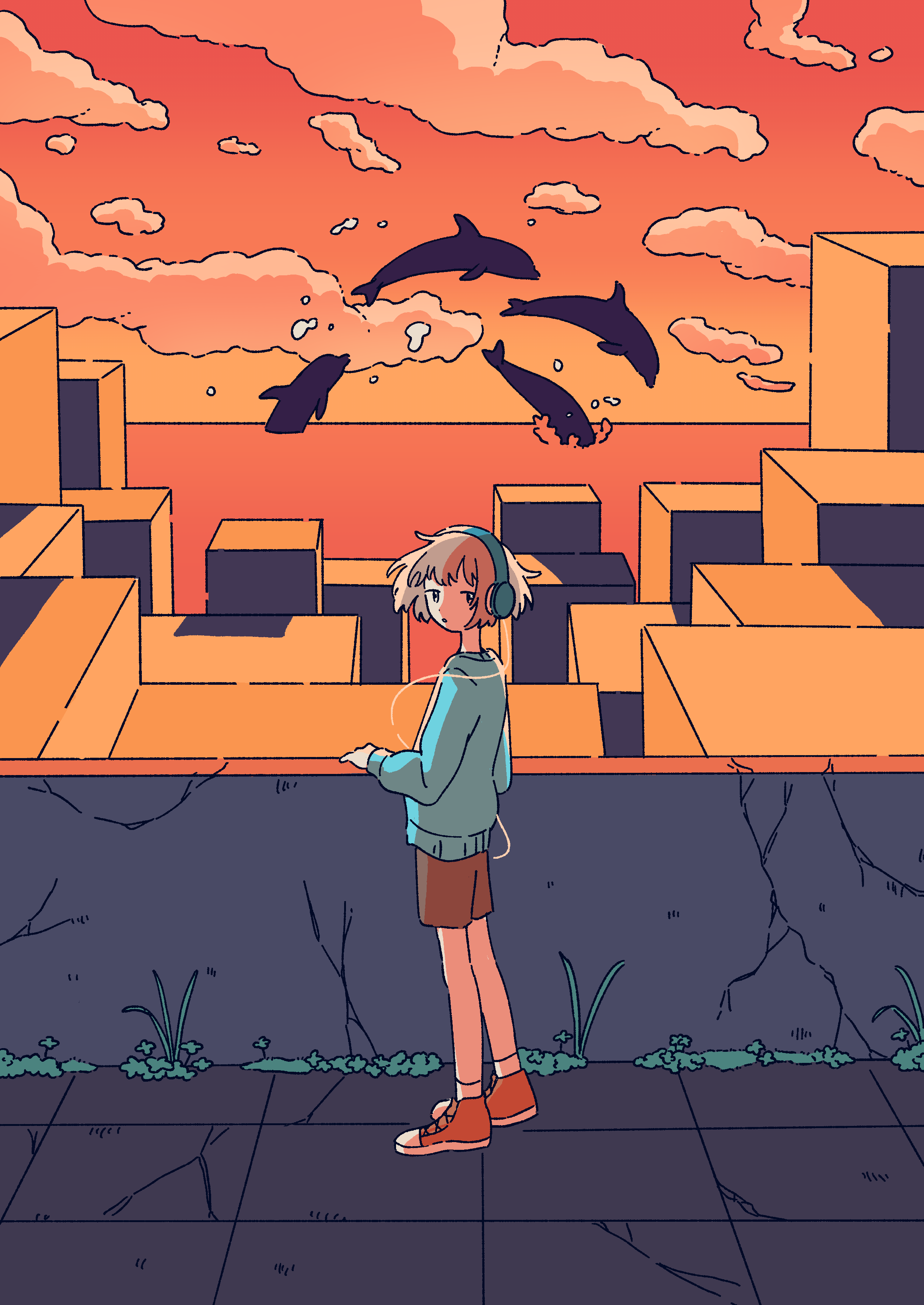 mitsuki sanagi, converse, original, absurdres, commentary request, highres, 1girl, animal, aqua sweater, brown hair, building, cloud, dolphin, evening, expressionless, full body, headphones, horizon, long sleeves, looking at viewer, looking to the side, ocean, on rooftop, orange clouds, orange sky, outdoors, parted lips, red shoes, shoes, short hair, sky, solo, standing, sweater, turning head