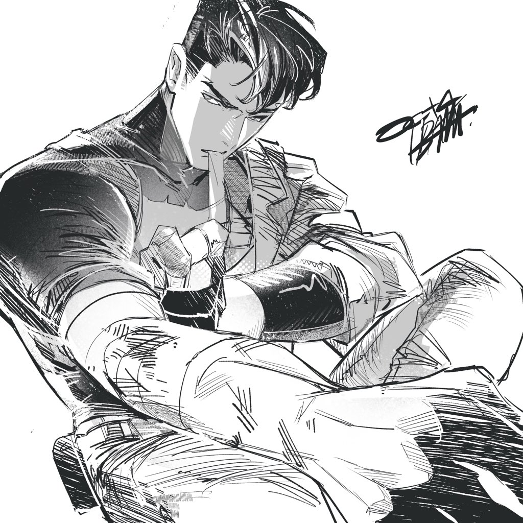 tokitokororo, jason todd, red hood (dc), batman (series), dc comics, 1boy, bat signal, batman symbol, black bodysuit, black hair, blue eyes, bodysuit, brown jacket, grey bodysuit, holding, jacket, male focus, multicolored bodysuit, muscular, muscular male, open clothes, pants, red hood and the outlaws, short hair, superhero costume, taut bodysuit, two-tone bodysuit