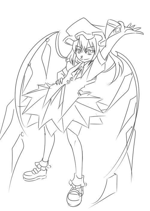wabi (wbsk), wabi tsubaki, flandre scarlet, touhou, 1girl, collared shirt, female focus, greyscale, hair between eyes, hat, mob cap, monochrome, outline, shirt, short hair, socks, solo, vampire, wings